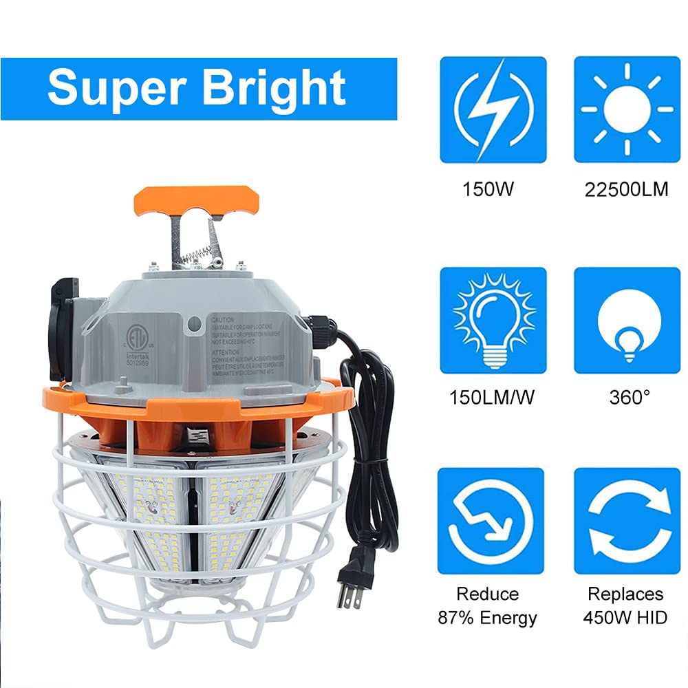 RIUVAO 150W LED Temporary Work Light Fixture 110V-277V 25000ML 5000K Light Daylight White,Jobsite Lighting,Stainless Steel Protective Cover for Outdoor Construction High Bay Warehouse