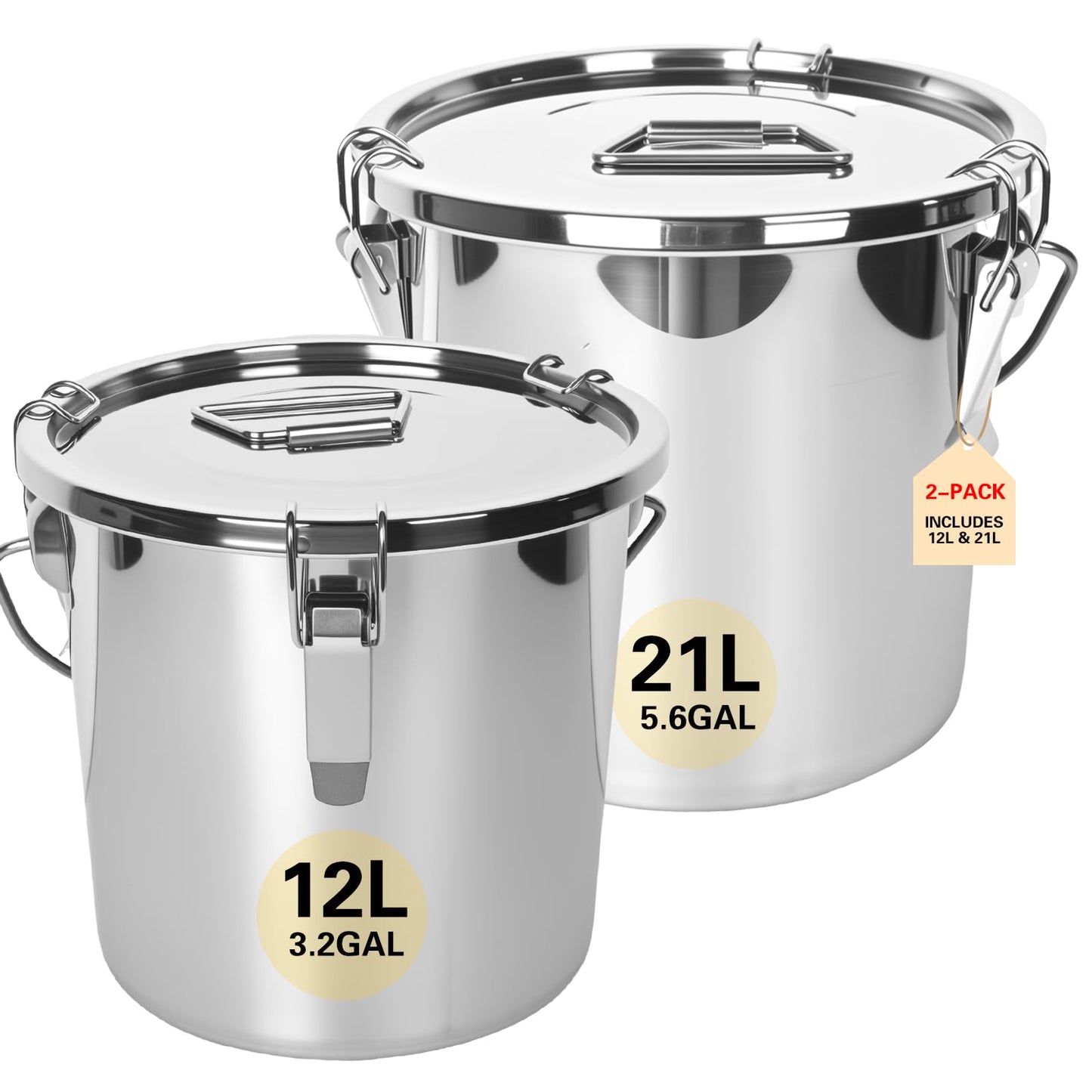 Nalison 21L/5.6GAL and 12L/3.2GAL Stainless Steel Airtight Canister, Food Storage Canisters with Lid&Locking Clamp for Rice Flour Sugar Grain Coffee Bean Storage Containers (12L & 21L,2 CANISTERS)