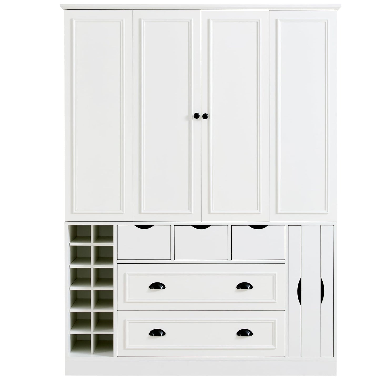 Merax Farmhouse 71" Large Kitchen Pantry Cabinet with Power Outlet, 53.2" Wide Storage Cupboard with 4 Foldable Doors, Adjustable Shelves, Wine Racks & Serving Trays, for Dining Room, White