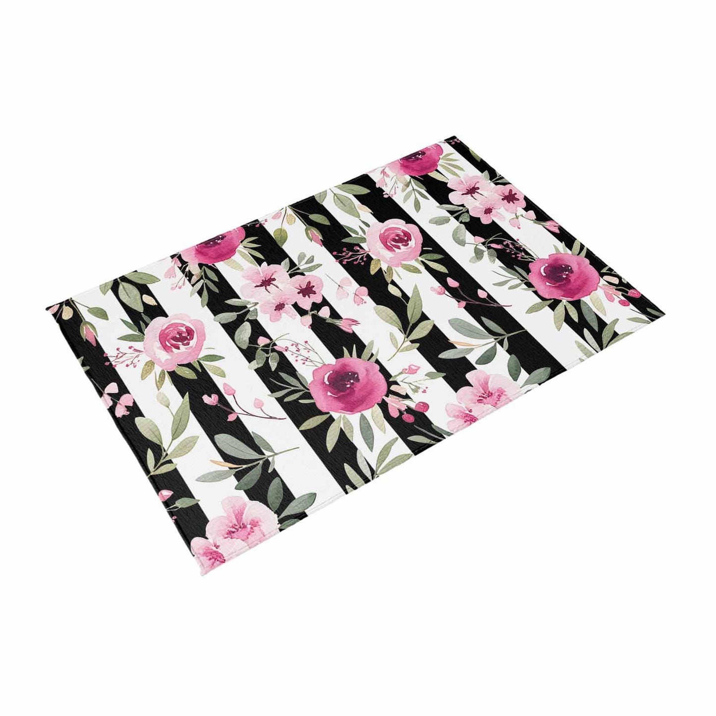 Outdoor Patio Rugs Pink Flowers Illustration Outdoor Area Rug Black and White Stripe Non-Slip Backyard/Camping RV Rug/Deck/Porch Rug Front Door Floor Mat Carpet,5x8ft,