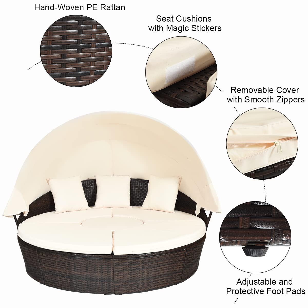 COSTWAY Patio Round Daybed with Retractable Canopy, Wicker Furniture Sectional Couch with Separate Cushioned Seats, Adjustable Table Top, Patio Rattan Daybed Sofa for Backyard, Poolside, White