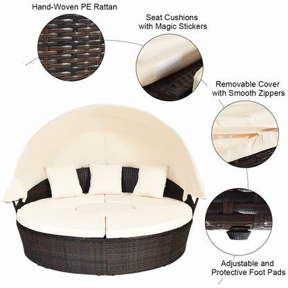 COSTWAY Patio Round Daybed with Retractable Canopy, Wicker Furniture Sectional Couch with Separate Cushioned Seats, Adjustable Table Top, Patio Rattan Daybed Sofa for Backyard, Poolside, White