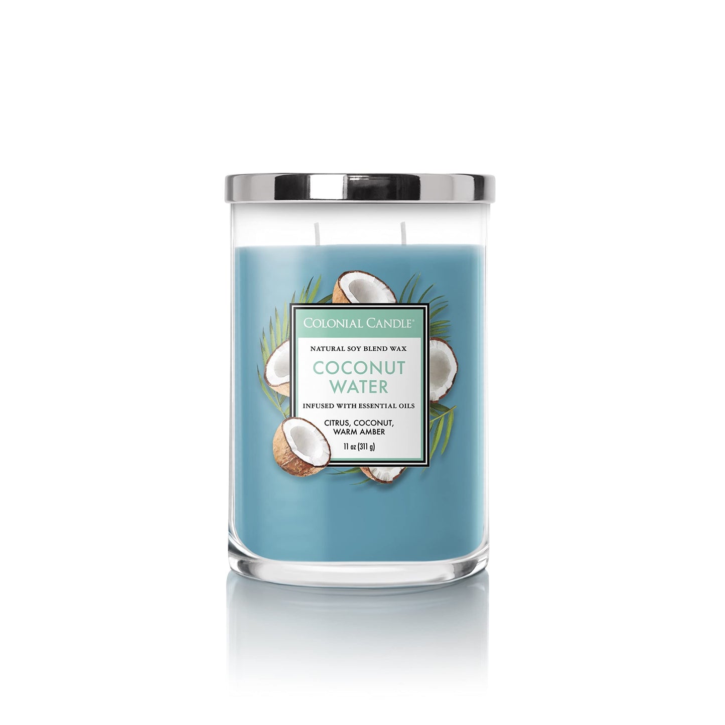 Colonial Candle Coconut Water Scented Jar Candle, Classic Cylinders Collection, 2 Wick, Blue, 11 oz - Up to 80 Hours Burn