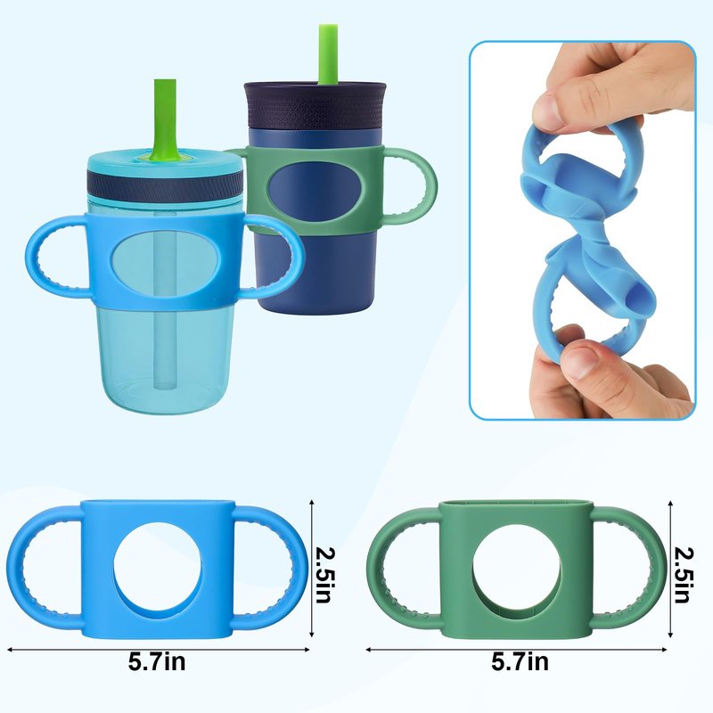 Mity rain Cup Grip Compatible with Owala Toddler Cup - Kid Cup Silicone Dual-Handle Fit for Owala 12oz, for Zak 12oz 15oz, for Stanley 14oz, Kid Water Bottle Handle Tumblers Accessories (Green+Blue)