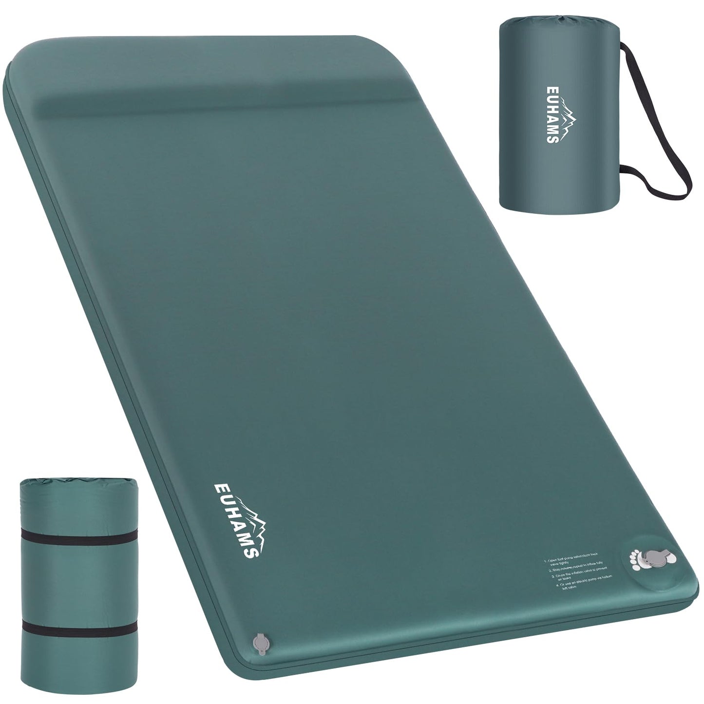 EUHAMS Camping Sleeping Pad – Ultra-Thick Self-Inflating Memory Foam Mattress with Pillow, Double Camping Pad with Foot Pump, Portable 4-Season Sleeping Mat for Car, Tent & Travel, Full Size