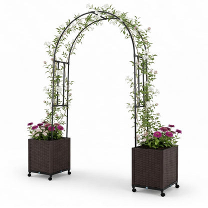 Giantex Metal Garden Arch Trellis Arbor with 2 Self-Watering Planter Boxes, 80" L x 16" W x 91" H PE-Coated Archway with Lockable Rolling Wheels for Climbing Vines, Yard Lawn Party Decorations