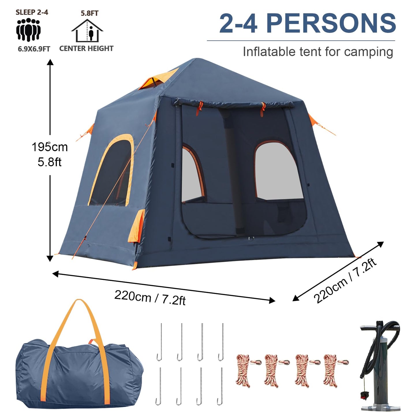 Inflatable Camping Tent,2-4 Persons Easy Setup Blow Up Tents for 4 Seasons Waterproof Inflatable Tent for Camping,Air Tent with Mesh Windows/Doors