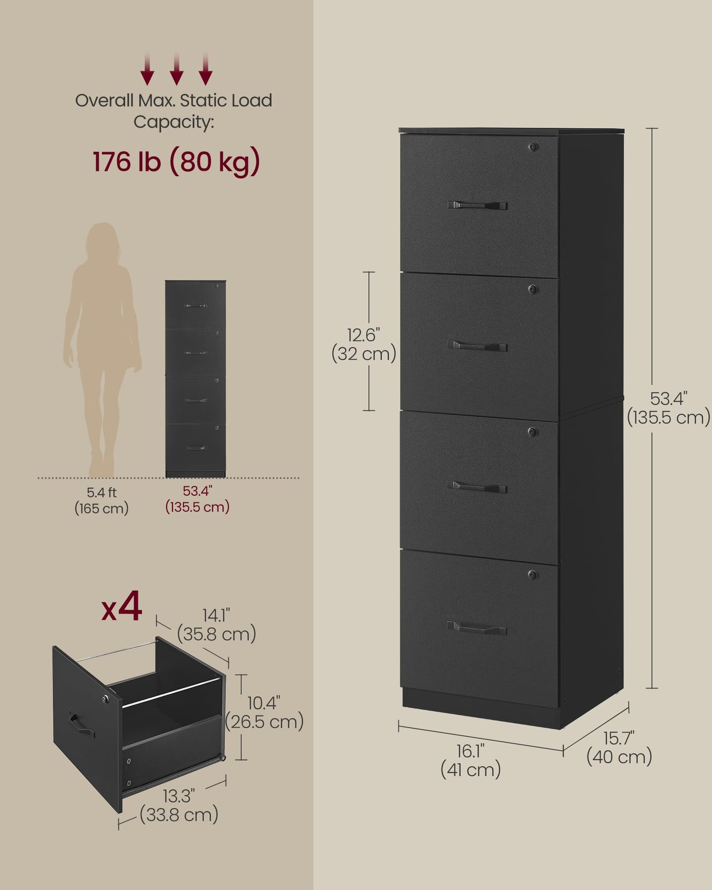 VASAGLE 4-Drawer Vertical File Cabinet, Filing Cabinet for Home Office, Printer Stand, with 4 Lockable Drawers, Adjustable Hanging Rail, for A4 and Letter-Size Files, Ink Black UOFC082B01