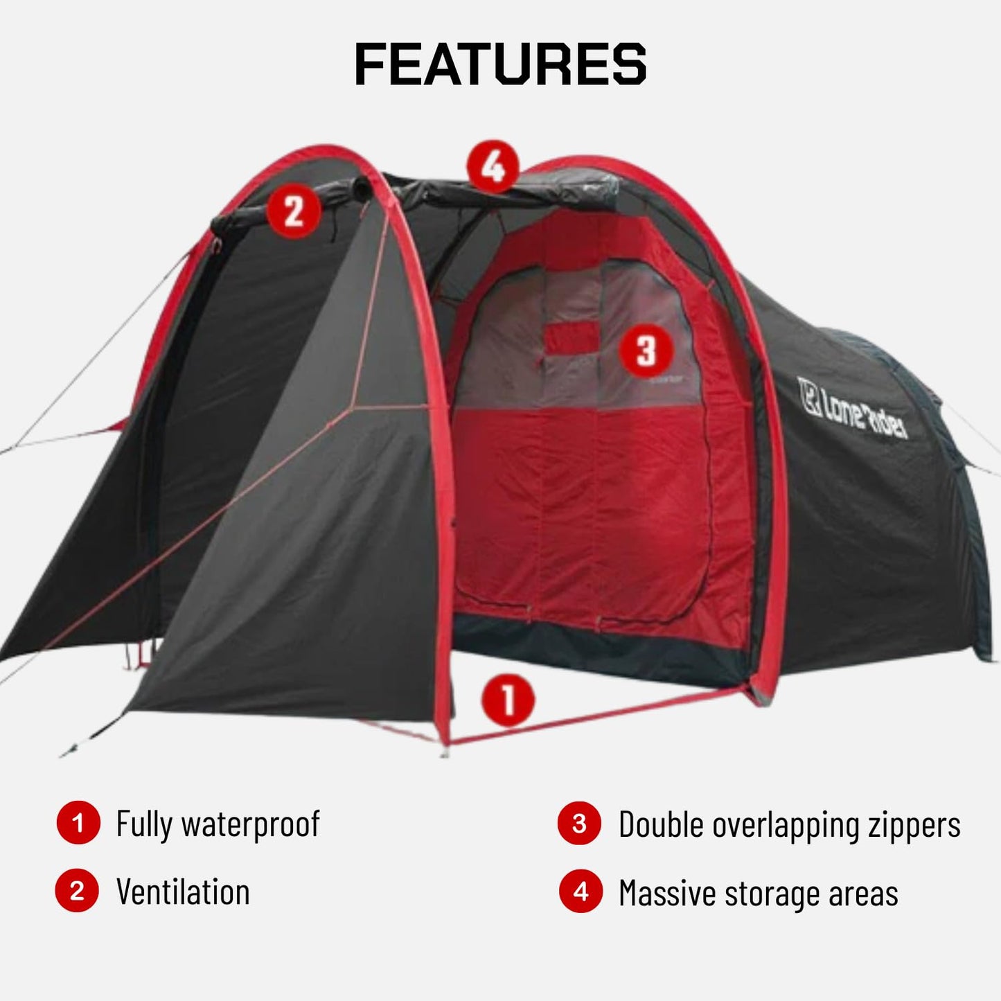 Lone Rider Motorcycle Tent with Bike Compartment - Fully Waterproof 2 Person Camping MotoTent Shelter with Moto Gear Equipment Storage Area - Includes Carry Bag, Groundsheet and Pegs