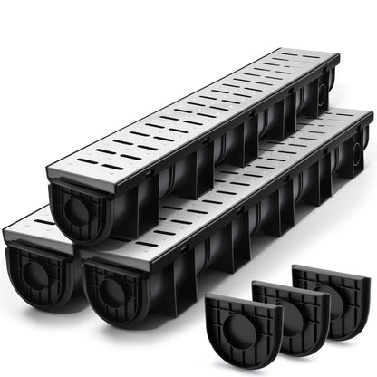 Amylove 3 Set Black Driveway Channel Drain with Stainless Steel Grate and Plastic End Caps 39.4 x 5.9 x 5.1 Inches, Outdoor Garage Floor Drainage Trench Systems for Lawn Landscaped Garden Pool