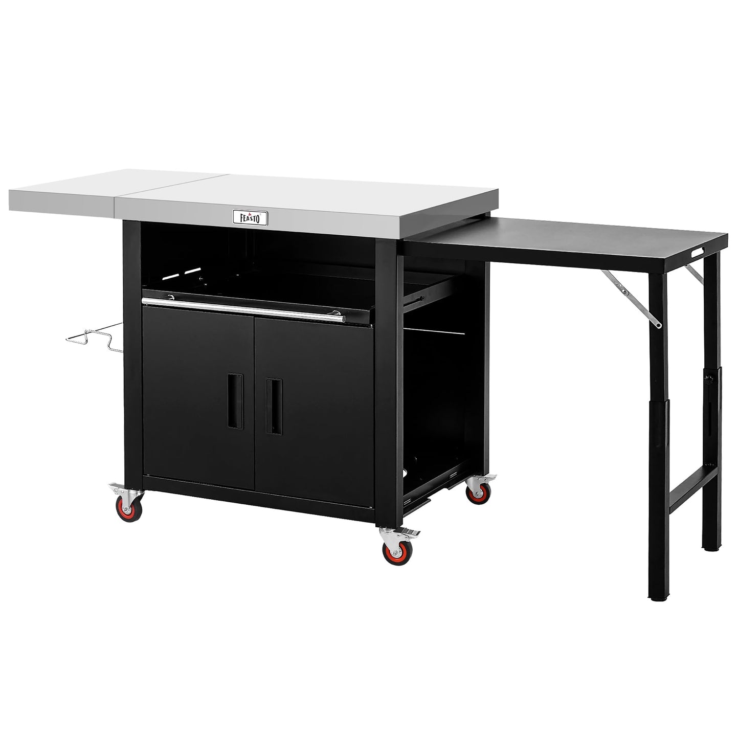 Feasto Outdoor Kitchen Island with Cabinet, Outdoor Grill Table with Stainless Steel Top for Pizza Oven& Griddles, Movable Bar Cart with Pull-Out Plate for Parties& Gathering, Heavy-Duty, L74”x W24”
