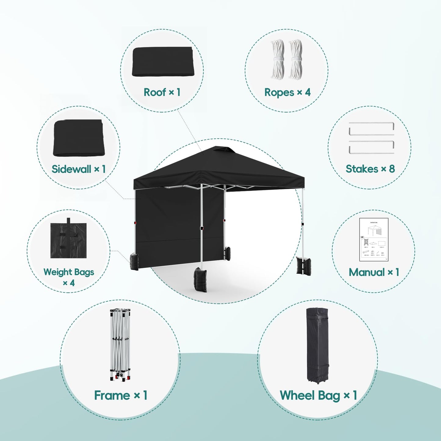 UEAKPIC 10x10 Pop Up Canopy with Sidewall, Instant Portable Outdoor Tent, UPF 50+, Waterproof, Adjustable Black Sun Shelter with Vented Roof for Party, 1 Wheel Bag, 8 Stakes, 4 Ropes, 4 Sandbags