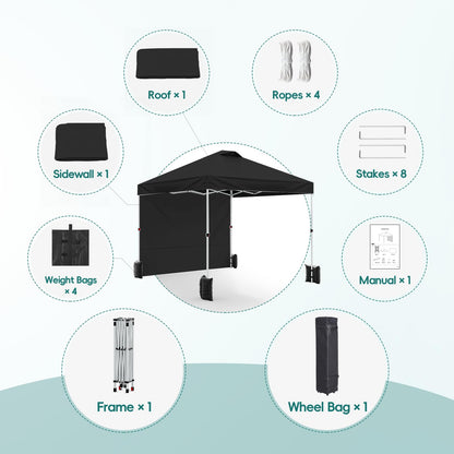 UEAKPIC 10x10 Pop Up Canopy with Sidewall, Instant Portable Outdoor Tent, UPF 50+, Waterproof, Adjustable Black Sun Shelter with Vented Roof for Party, 1 Wheel Bag, 8 Stakes, 4 Ropes, 4 Sandbags