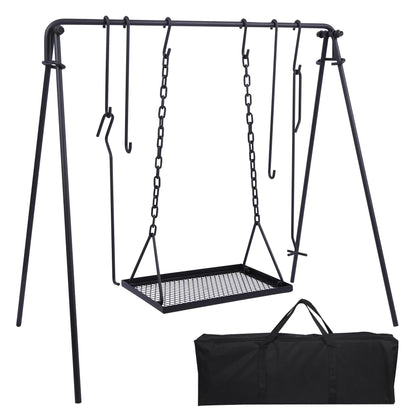 REDCAMP Swing Campfire Grill Stand - Collapsible Campfire Cooking Rack with 6 Hooks & Iron Grill Grate, Portable Dutch Oven Hanger for Outdoor Camping, Cookware, Bonfire, Rectangle