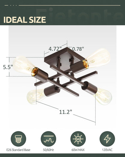 Eietonte Industrial 4-Light Semi Flush Mount Ceiling Light, Oil-Rubbed Bronze, Metal, EIECL001-ORB2P, 2 Count