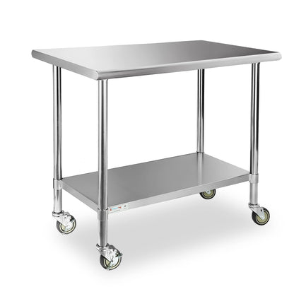 STABLEINK NSF Stainless Steel Table with Wheels 36x24 Inches 3ft, Metal Prep & Work Table with Adjustable Undershelf, for Commercial Kitchen, Restaurant, Laundry, Hotel and Garage