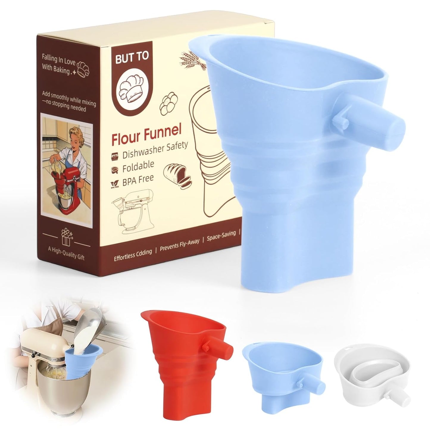Skiennix Foldable Silicone Flour Funnel - Spill-Free Precision Pouring for KitchenAid Mixers 4.5-5 Qt (Blue)