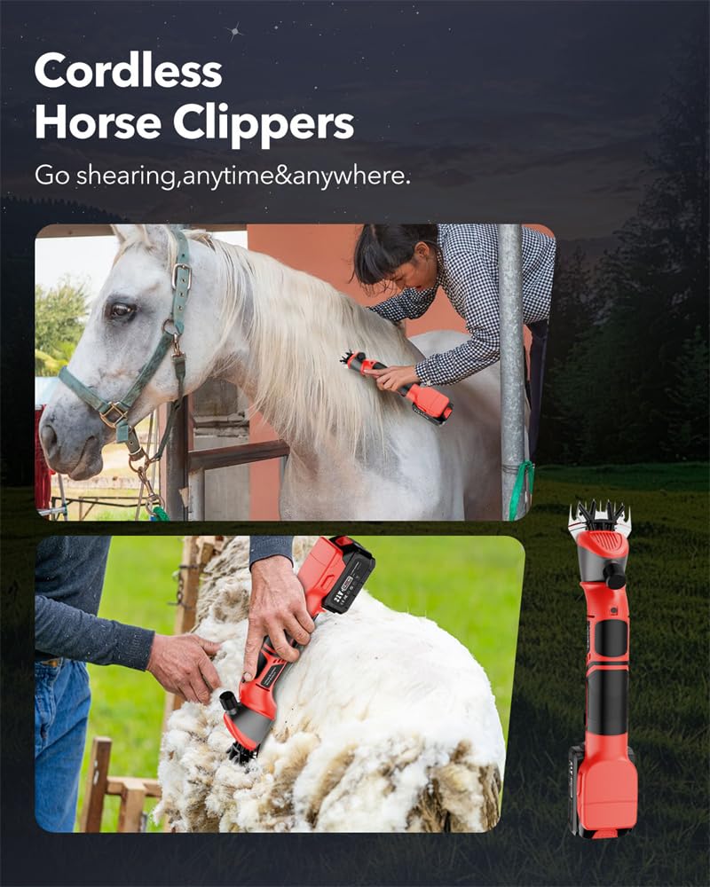 YEACHA Sheep Shears, 20V Horse Clippers Cordless, with 4.0Ah Batteries Brushless Clippers, Heavy Duty Electric Shears, Horse Grooming Kit for Thick Coat Red