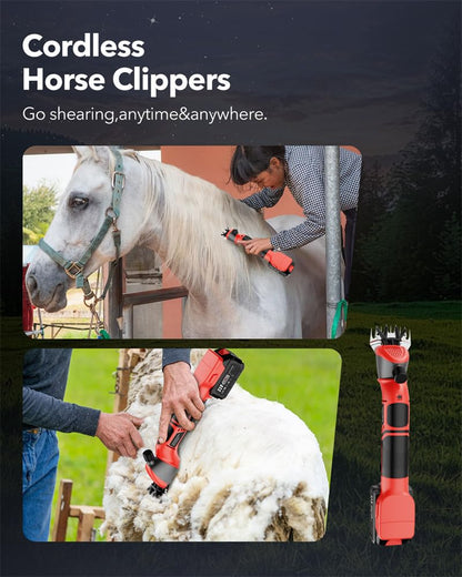 YEACHA Sheep Shears, 20V Horse Clippers Cordless, with 4.0Ah Batteries Brushless Clippers, Heavy Duty Electric Shears, Horse Grooming Kit for Thick Coat Red