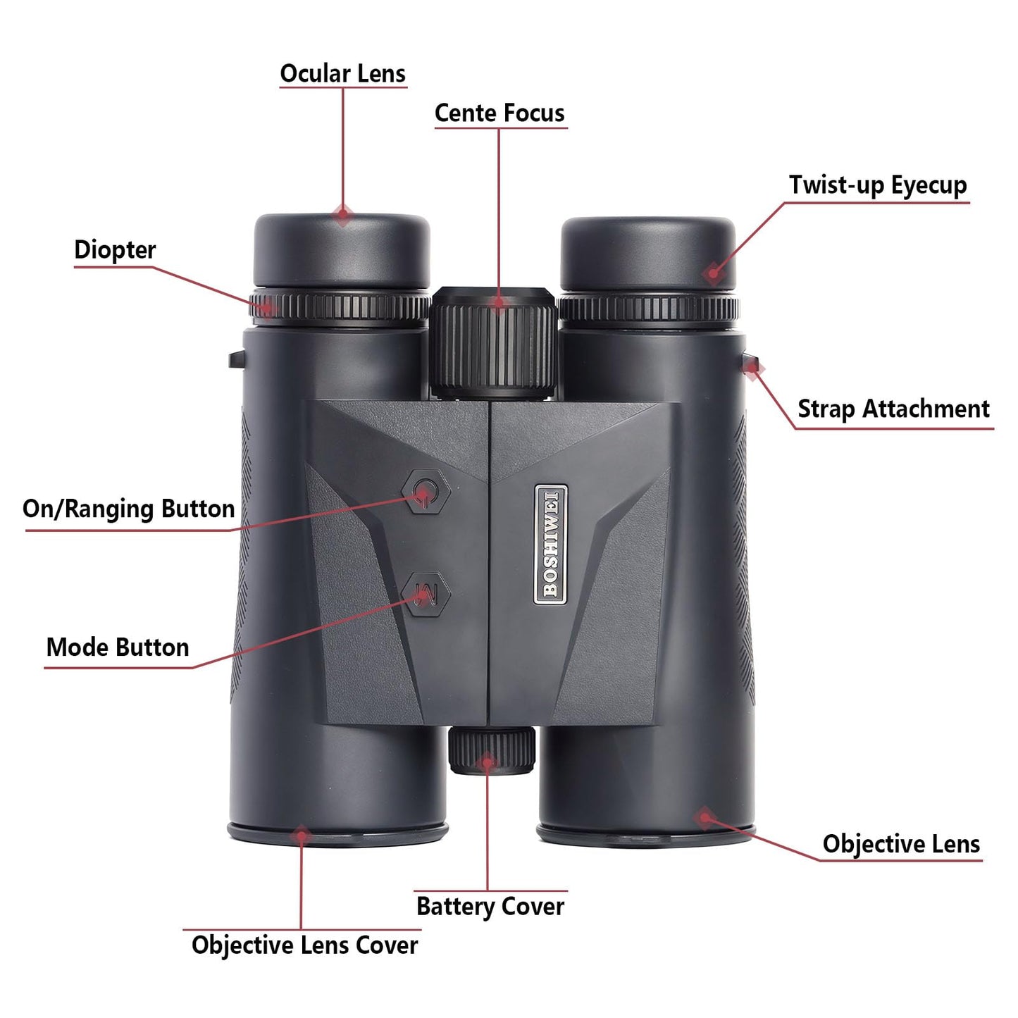 BOSHIWEI ED Glass 10x42 Laser Rangefinder Binoculars HD Optics 2624 Yards Long Distance IP67 Waterproof Range Finder for Golf Bird Watching Black