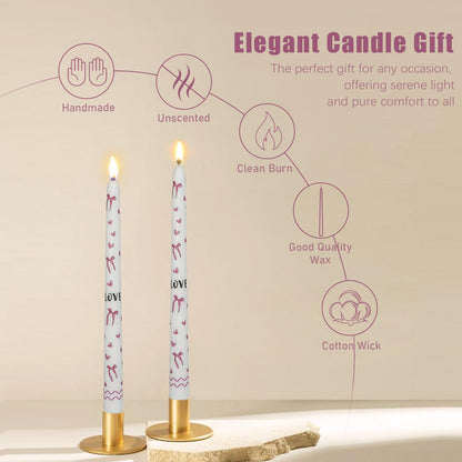 Pink Bow Heart Taper Candles -2 Pcs Unscented 10 Inches Long Candlesticks Flower Print Tapered Candle for Home Party Wedding Restaurant Holiday Decor