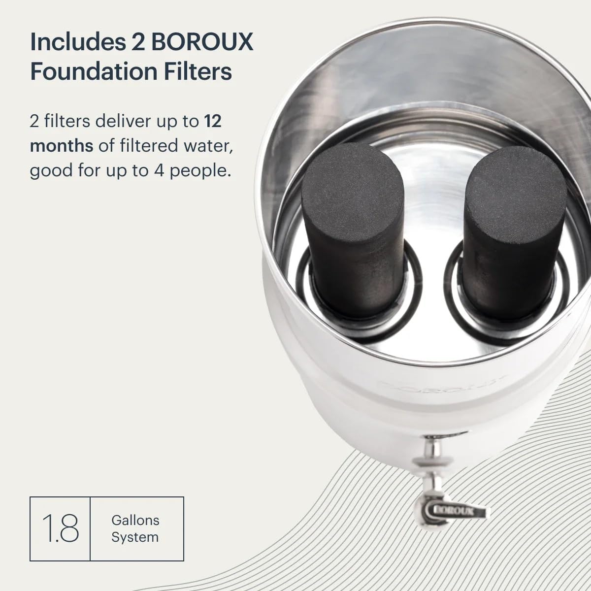 Boroux Compact Gravity-Fed Countertop Stainless Steel Water Filter System | 1.8 Gallons with 2 Authentic Black Foundation Filters