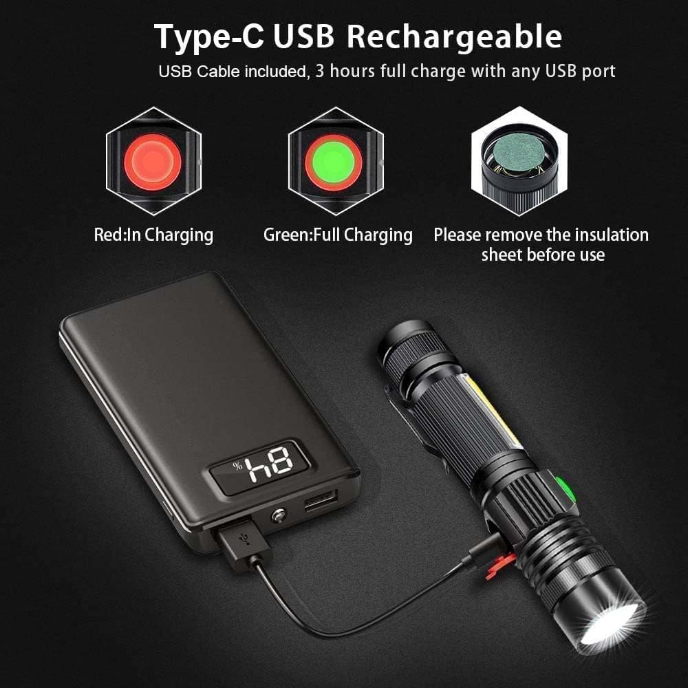 Hoxida Flashlight USB Rechargeable, Magnetic LED Flashlight, Super Bright LED Tactical Flashlight with Cob Sidelight, Waterproof, Zoomable Best Small LED Flashlight for Camping, Emergency Flashlights