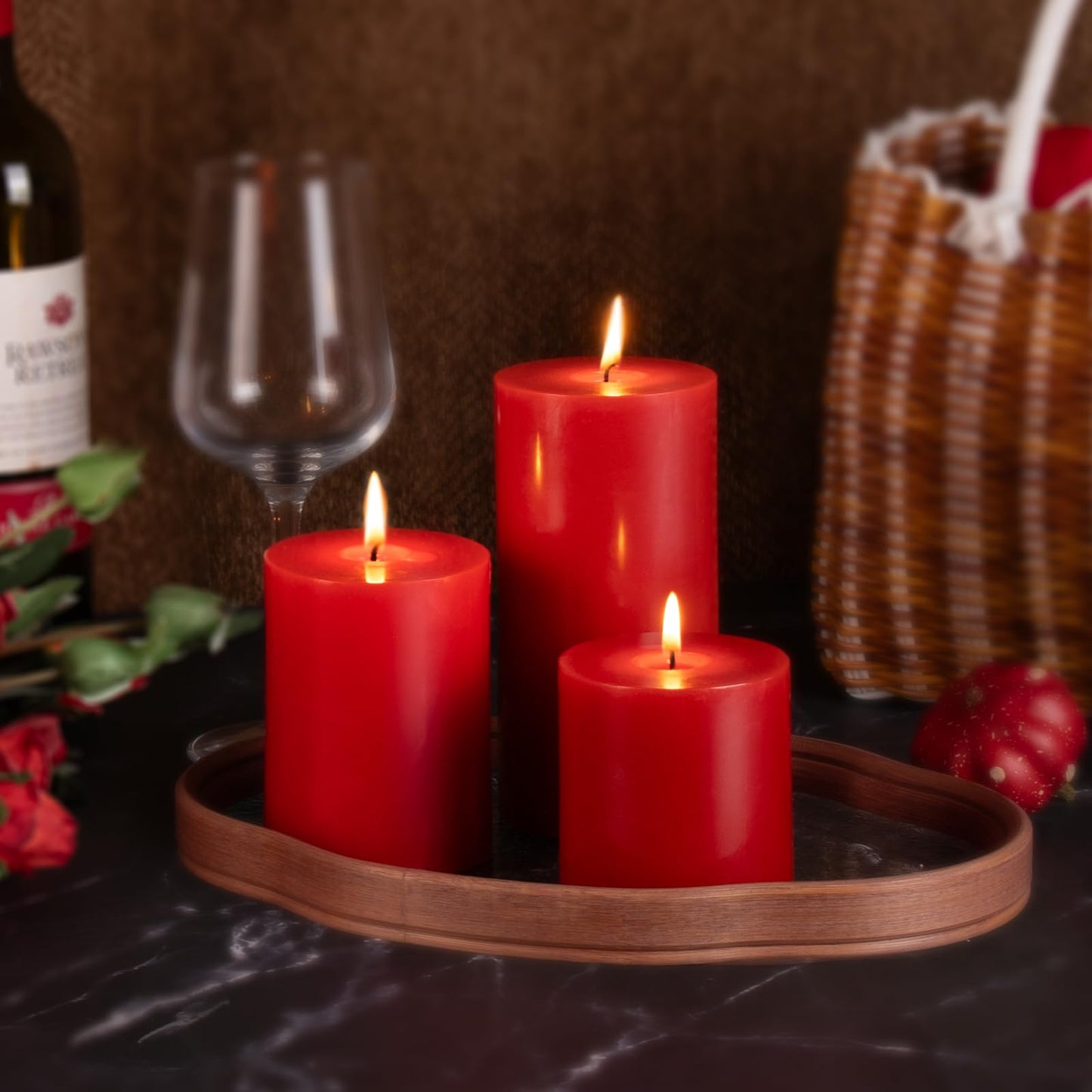 KONNI Red Pillar Candles Set of 3, 3"x 4" Unscented Pillar Candles Bulk, 39 Hours Long Burning Candles, Smokeless and Dripless Large Round Candle for Wedding, Home Decoration, Parties, Spas, Dinner