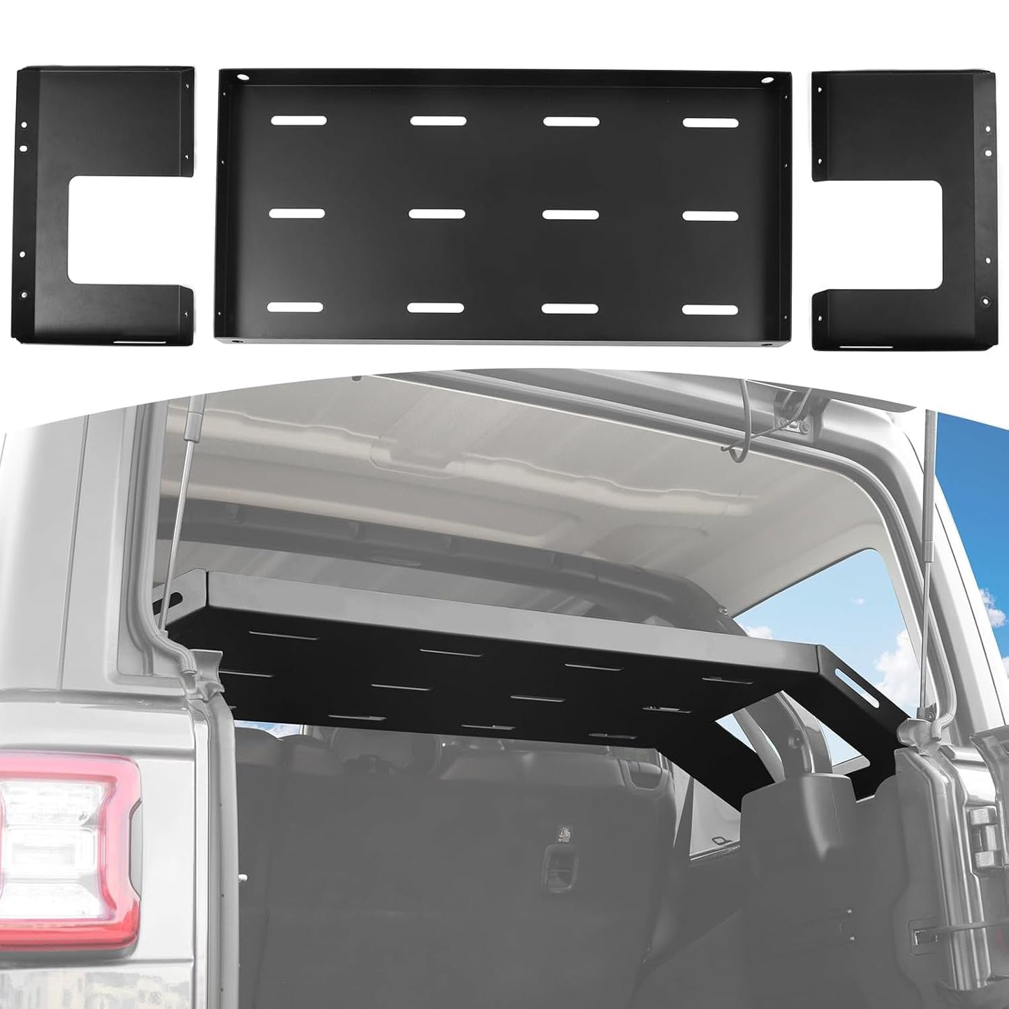 RT-TCZ Rear Trunk Cargo Rack Basket for Jeep Wrangler JKU (2007-2017) & JLU (2018+), 4 Door Interior Storage Shelf, Black Aluminum Alloy & Stainless Steel, 1PC Integrated Pallet