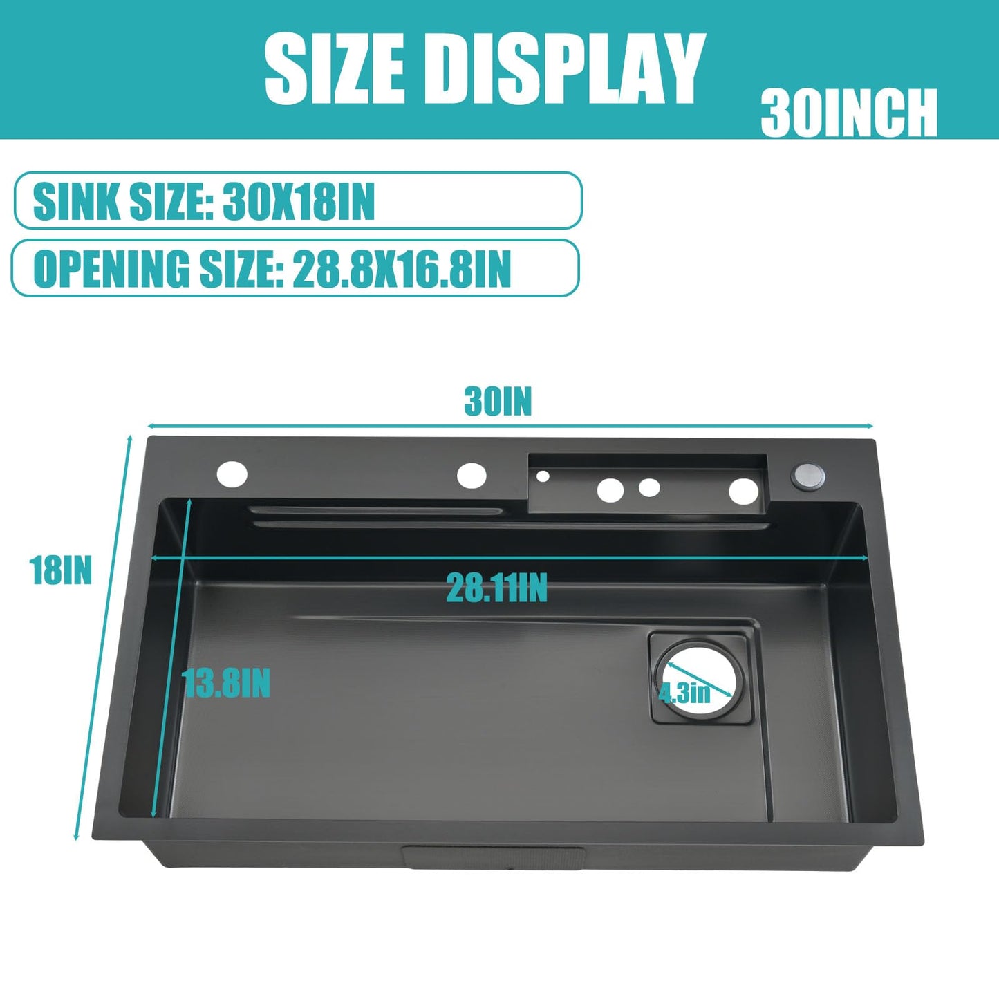 Nano Black Kitchen Single Bowl Sink Stainless Steel Waterfall Sink with Double button Pull-Out Tap,rain Basket,Cup washer, cutting board, vegetable washing basin (BLACK, 30X18")