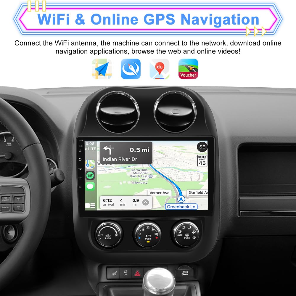 Car Radio for Jeep Compass Patriot 2010–2016, 10.1" Touchscreen Android 13 Stereo Quad-Core | 2GB RAM 64GB ROM | Wireless CarPlay Android Auto | Backup Camera, WiFi, FM AM, Steering Wheel Control