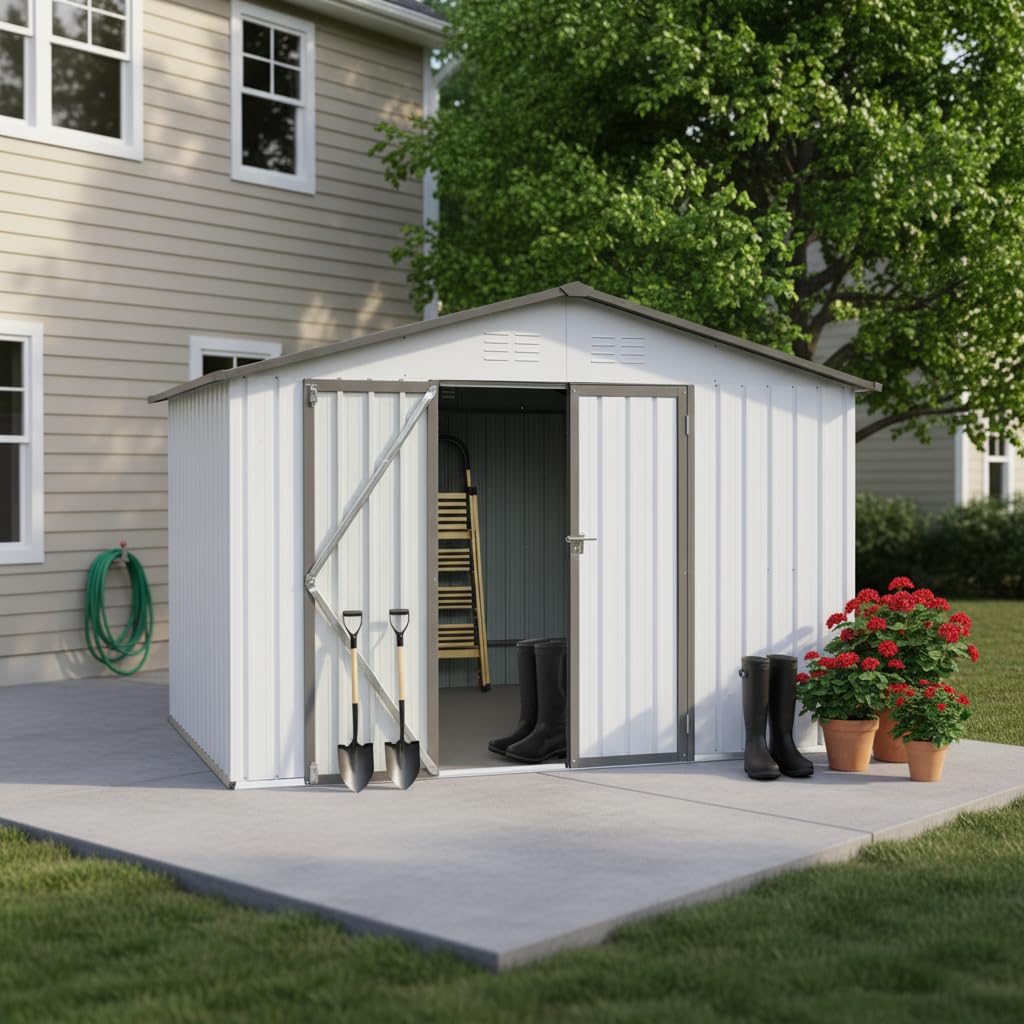 Ball & Cast 10x12 FT Sheds & Outdoor Storage,Metal Aluminum Garden Shed,with Punched Vents,Waterproof Cabinet w/Hinged Door and Padlock,Tool House for Storing Bicycles,Lawnmowers,Barbeques,White+Grey