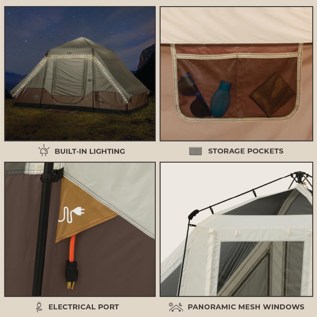CORE 6 Person Instant Cabin Tent with LED Lights | Large Family Lighted Pop Up Tent with Carry Bag for Camping, Glamping, and Backyard Adventures | Included Storage Pockets for Camp Accessories