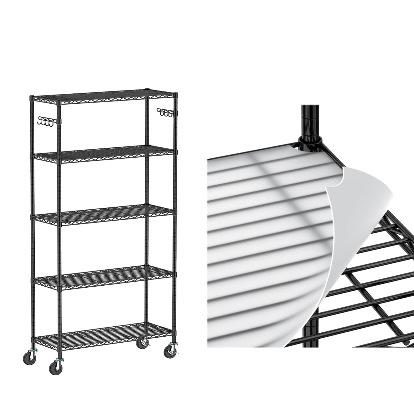 Folews 5 Tier Storage Shelves with Shelf Liner, Metal Shelves for Storage Adjustable Wire Shelving Unit Storage Shelf Organizer for Kitchen Pantry