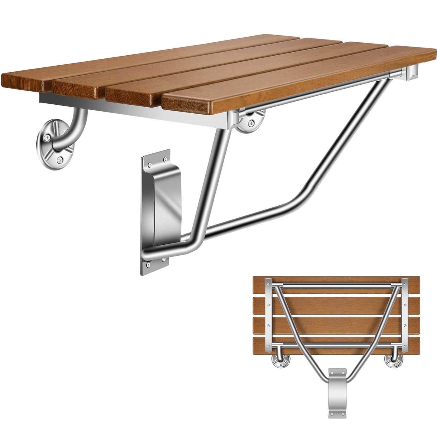 28" Wall Mounted Folding Shower Seat with Stainless Steel Bracket, Structural Stability, 500 lb Capacity, Space-Saving, Teak Shower Bench for Elderly, Disabled, Pregnant Women, Kids