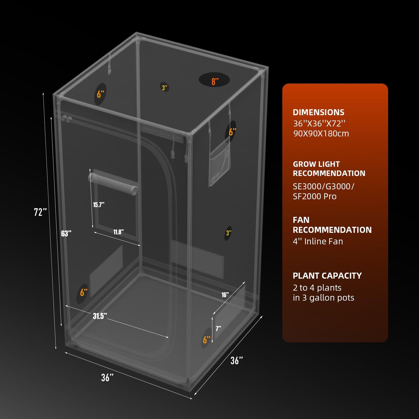 Spider Farmer 3x3 Grow Tent, 36"x36"x72", with Hook for Controller, Enlarged View Window, 1680D Thicken Mylar Canvas, Removable Floor Tray for Indoor Hydroponic Growing for SF2000Pro, SE3000, G3000