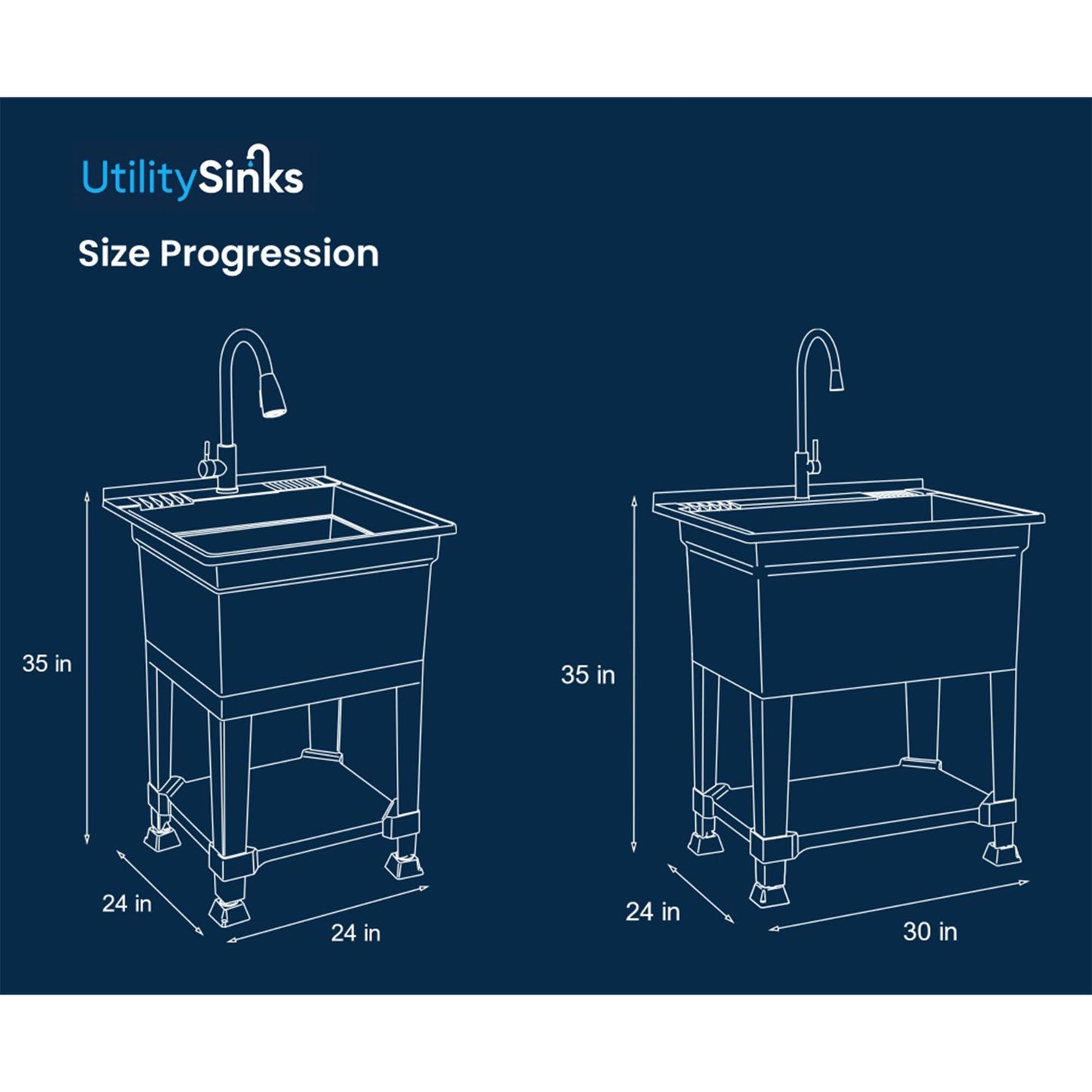 UTILITYSINKS Freestanding Utility Tub Sink with Quick Connect Drain, 24 x 24", White - Portable and Compact Sink with Faucet for Outdoor Kitchen, Laundry Room, Garage, and Basement