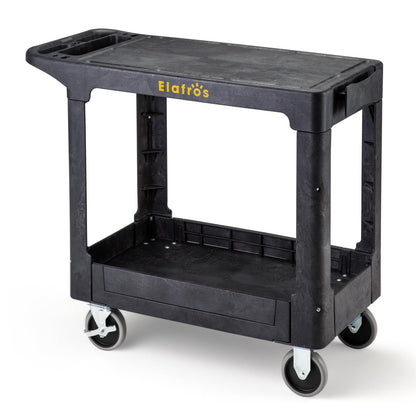 ELAFROS Heavy Duty Plastic Utility Cart Flat top 37 x 18.8 Inch - Work Cart Flat Shelves and 2 Fixed 2 Swivel Wheels Safely Holds up to 550 lbs - 2 Tier Service Cart for Warehouse,Garage, Black