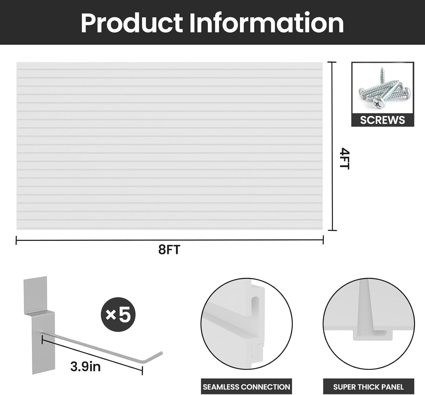 Noliven Slatwall Panel Wall Storage Systems, 4x8 ft Slat Wall Paneling Garage Wall Organizer with Five Hooks, Heavy Duty Wall Mounted PVC Wall Rack, White
