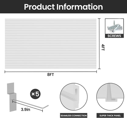 Noliven Slatwall Panel Wall Storage Systems, 4x8 ft Slat Wall Paneling Garage Wall Organizer with Five Hooks, Heavy Duty Wall Mounted PVC Wall Rack, White
