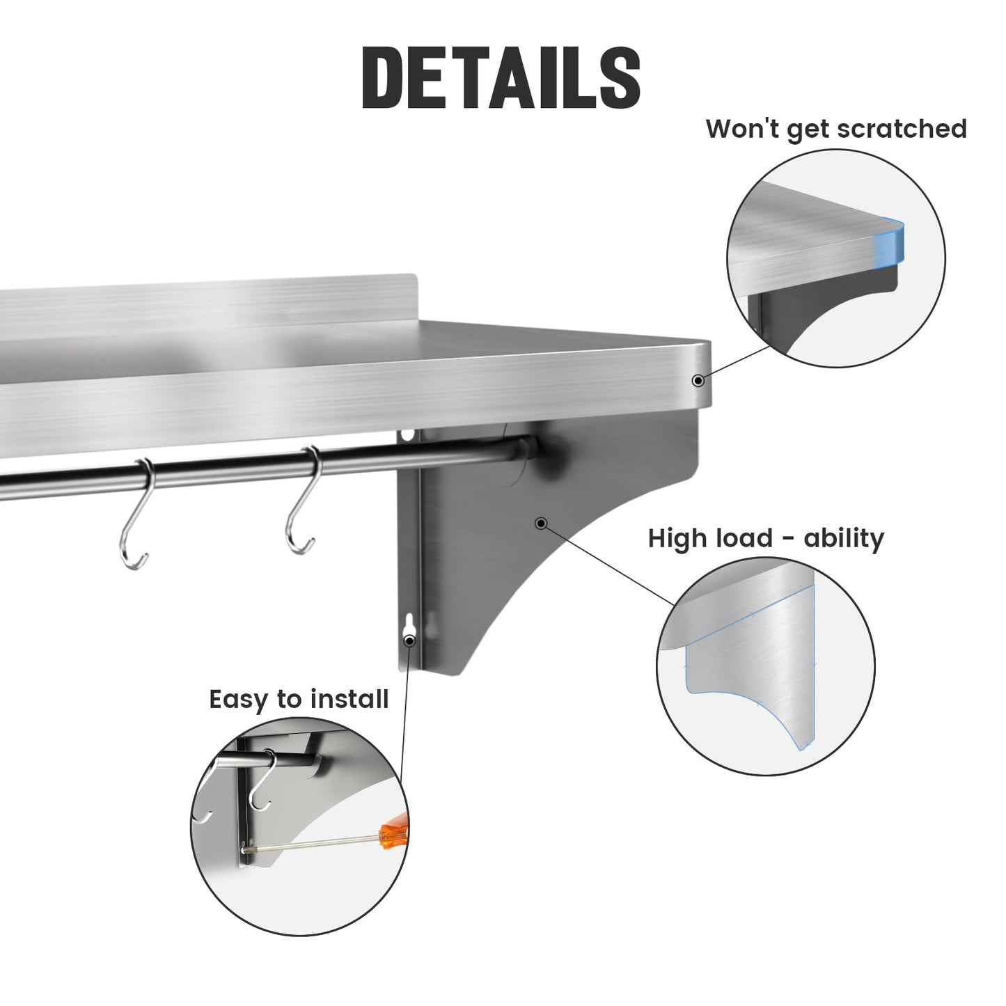 VENFAN Commercial Stainless Steel Shelf 36" x 12" - 250lb Load Capacity, Heavy Duty Stainless Steel Wall Mounted Kitchen Shelf with Backsplash & 6 Hooks for Restaurant, Laundry
