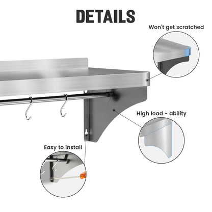VENFAN Commercial Stainless Steel Shelf 36" x 12" - 250lb Load Capacity, Heavy Duty Stainless Steel Wall Mounted Kitchen Shelf with Backsplash & 6 Hooks for Restaurant, Laundry
