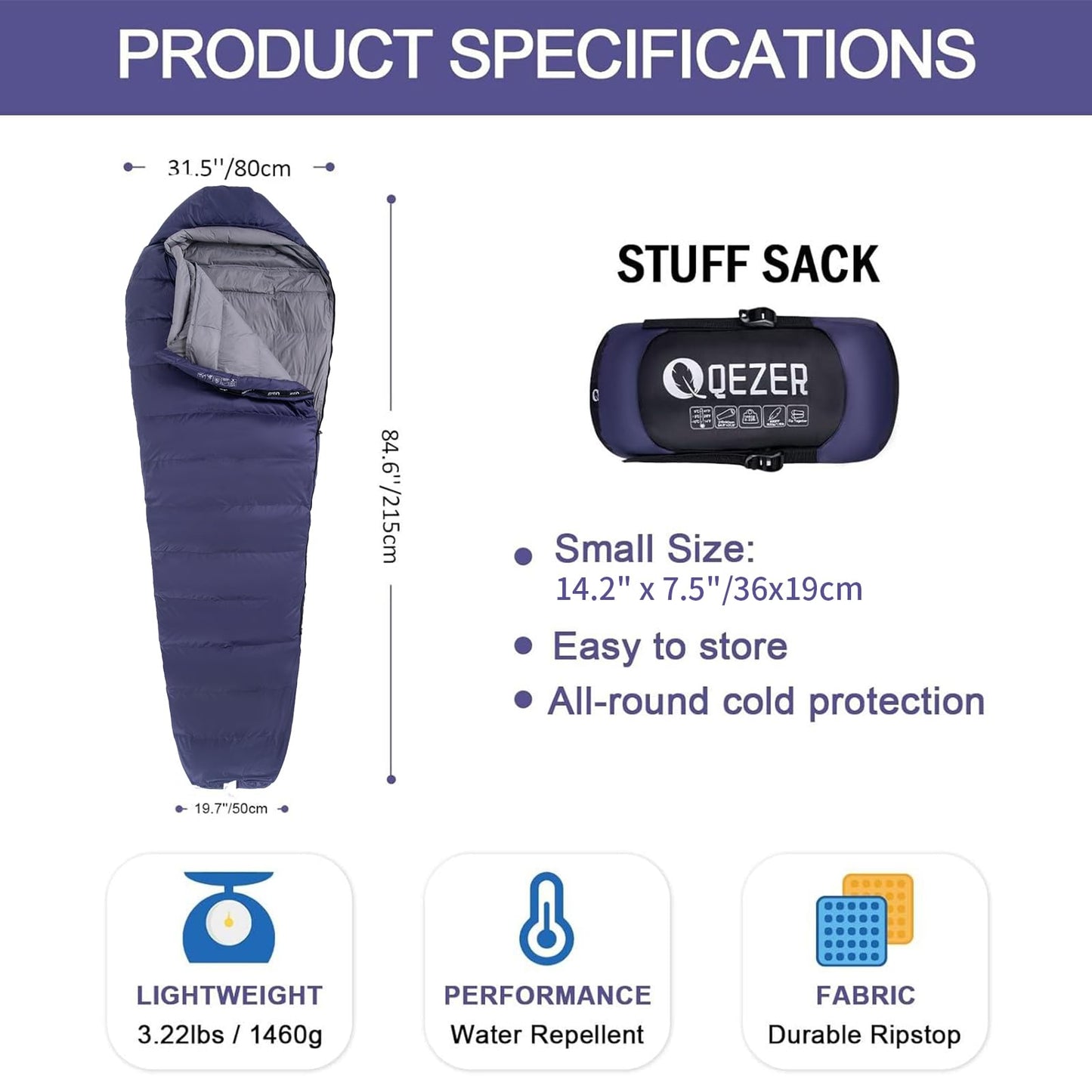 QEZER Down Mummy Sleeping Bag for Adults, 3 Season Lightweight Compact for Camping Backpacking Hiking, 45°F to 18°F Sleeping Bag with 600 Fill Power Down