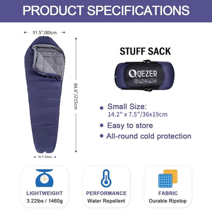 QEZER Down Mummy Sleeping Bag for Adults, 3 Season Lightweight Compact for Camping Backpacking Hiking, 45°F to 18°F Sleeping Bag with 600 Fill Power Down