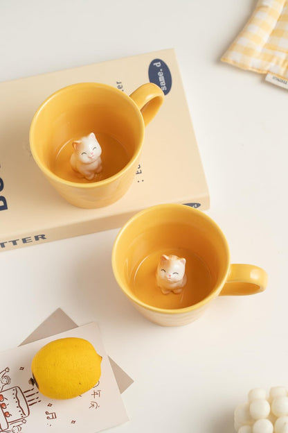 DIHOclub Cat Coffee Cup Hidden Ceramic Animal Inside Mug,Cute Cartoon Handmade Figurine Mugs,Holiday and Birthday Gift for Coffee Milk Tea Lovers,12 Oz(yellow)