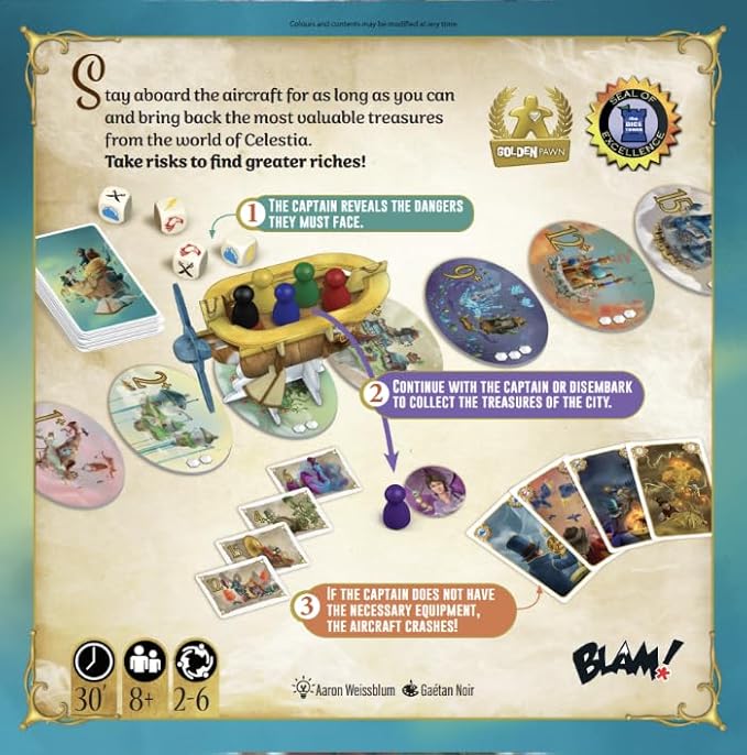 Blam! Celestia | Push-Your-Luck Adventure &amp Strategy Board Game | Fly The Airship Brave Perils &amp Collect Treasures | Award Winning Family Games for Kids and Adults | 1-6 Players | Ages 8+ | 3