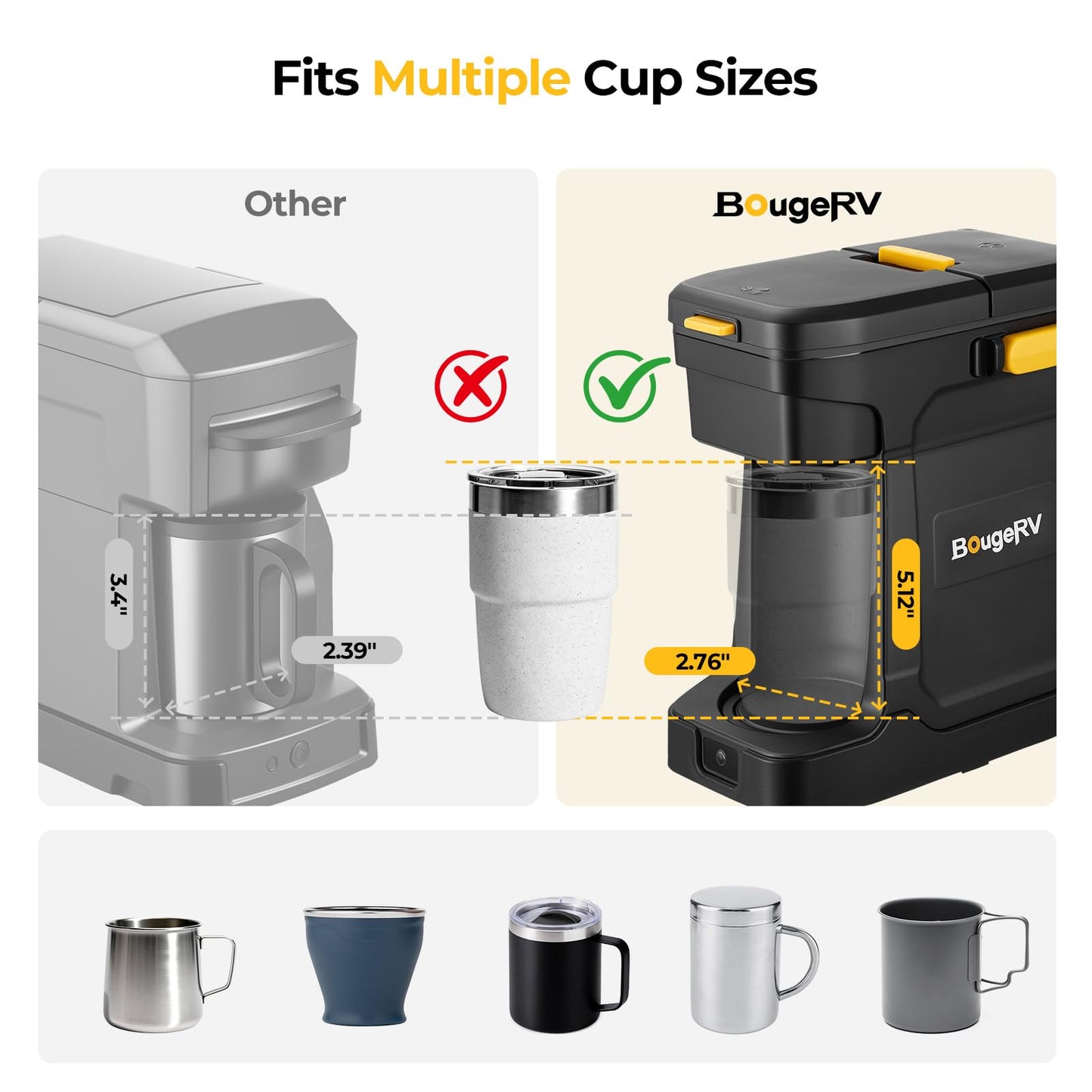 BougeRV Coffee Maker with 18V 8Ah Battery Powered Compatible with K Cup Coffee Pods & Ground Coffee, Portable Coffee Maker Cordless with AC/DC Power for Travel, Camping, Outdoor, Jobsite, RV, Home