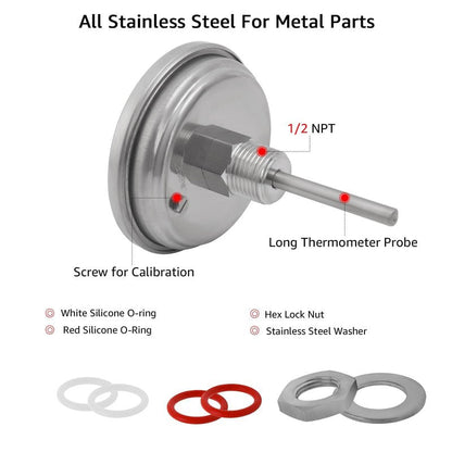 3" Dial 2" Probe FERRODAY 1/2 NPT Stainless Steel Dial Thermometer 1/2 NPT Homebrew Kettle Thermometer Weldless w/O-Rings 0-220ºF Kettle Stainless Steel Brew Pot Thermometer