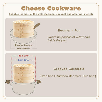 Hcooker Bamboo Steamer Basket Set, 8-Inch 2-Tier Steamer for Cooking, Chopsticks Liners Sauce Dish Dumpling Making Tools, Steaming Asian Food, Bao Buns, Meat, Dim Sum, Rice, Vegetable Steam Pot