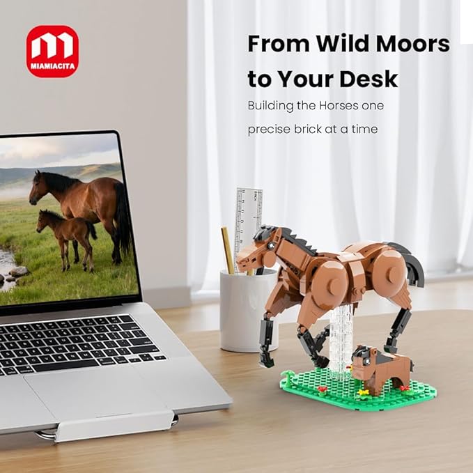 Horse Toys Building Set Realistic Horse Figurines 2-in-1 Mother &amp Foal Horse with Green Base Flowers &amp Grass Creative Animal Building Toy for Kids Ages 6+